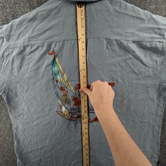 Tommy Bahama Sails Call Hula Girl Embroidered Hawaiian Shirt Blue 2XL Silk Adult - Picture 5 of 16